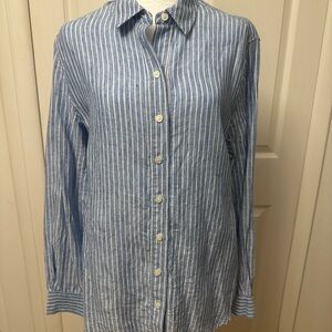 Lord & Taylor Blue/White Striped Women’s Linen Button-down Shirt Size L